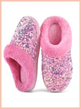 Women's Sequin Slippers Plush Lined Memory Foam House Shoes Non-Slip Indoor